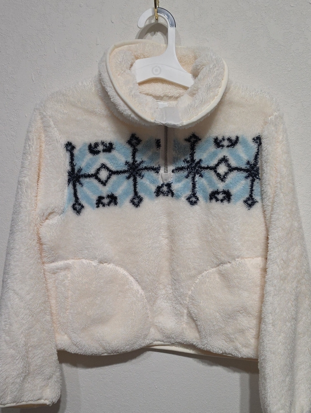 all in motion Cream Sherpa Pullover with Blue Fair Isle Yoke